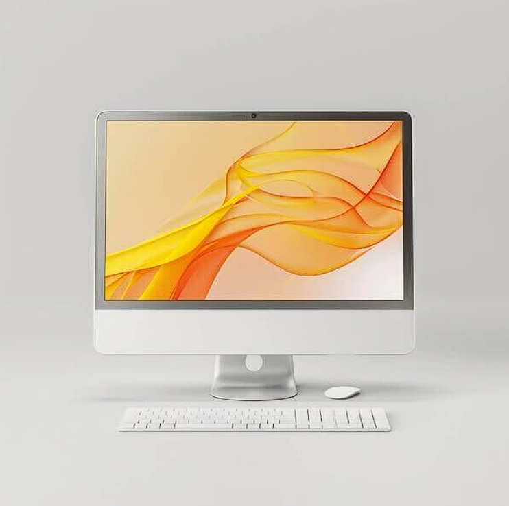 computer monitor, keyboard, and mouse with abstract orange design