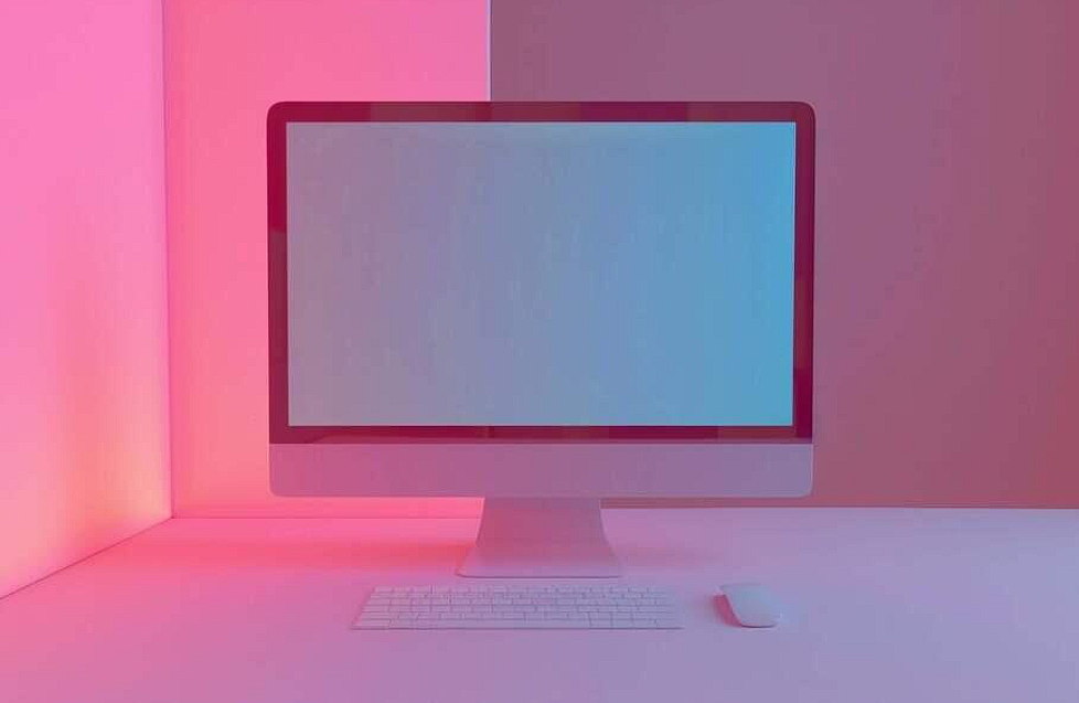 computer monitor on pink wall