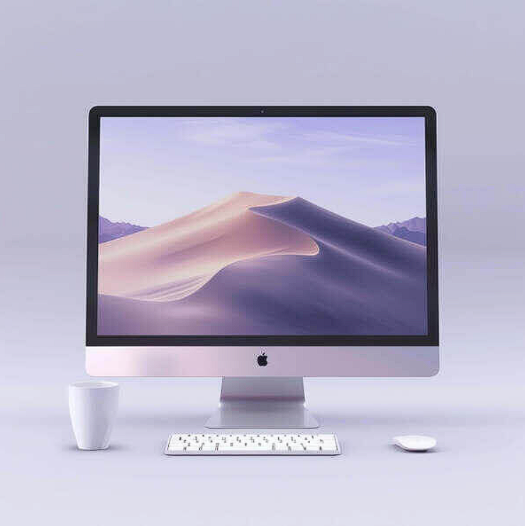 computer setup with desert landscape background
