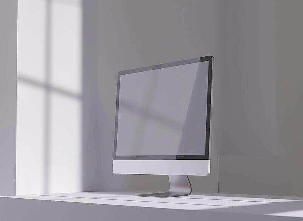empty computer monitor on sunlit desk
