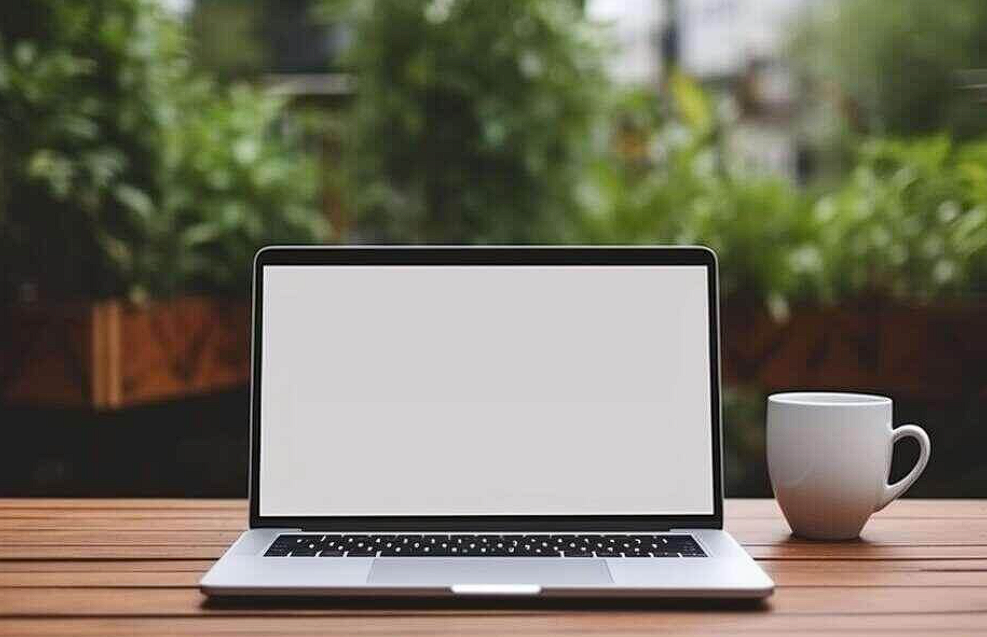 laptop, coffee, and plants on outdoor wooden table