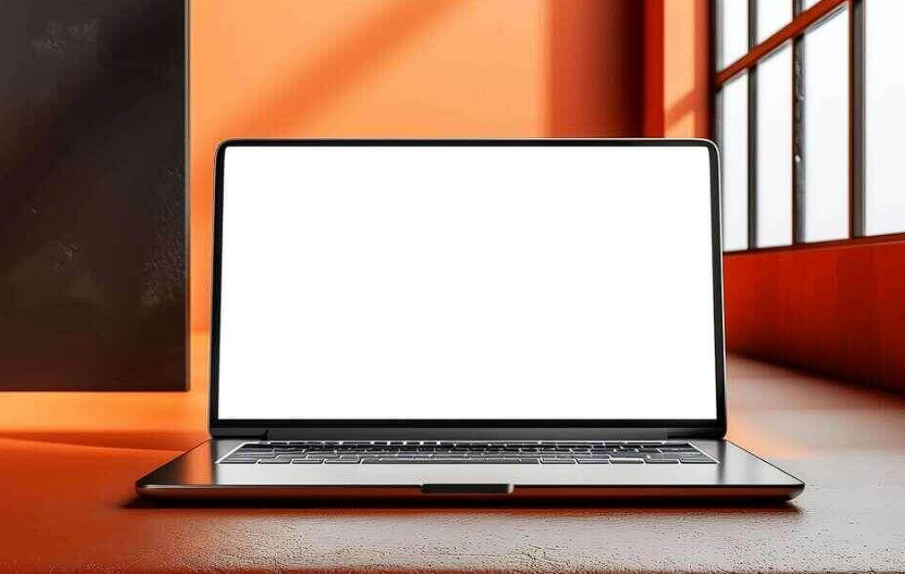 laptop computer on orange table with blank screen