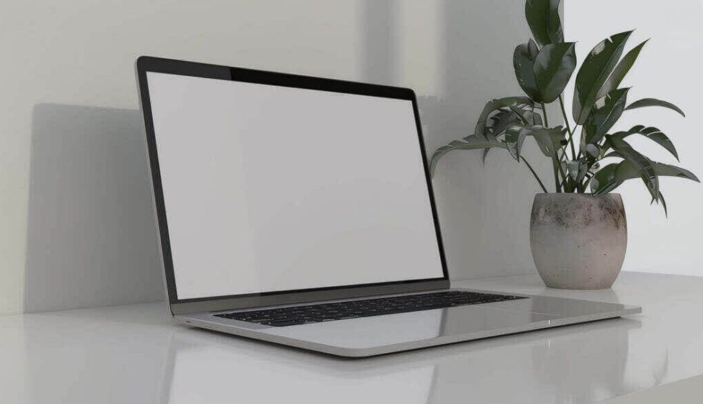 laptop computer with empty screen on white table