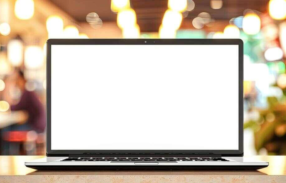 laptop computer with empty white screen on table