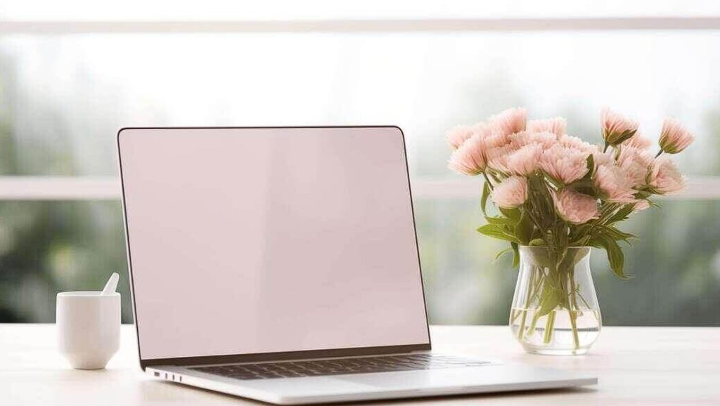 laptop and pink flowers on table