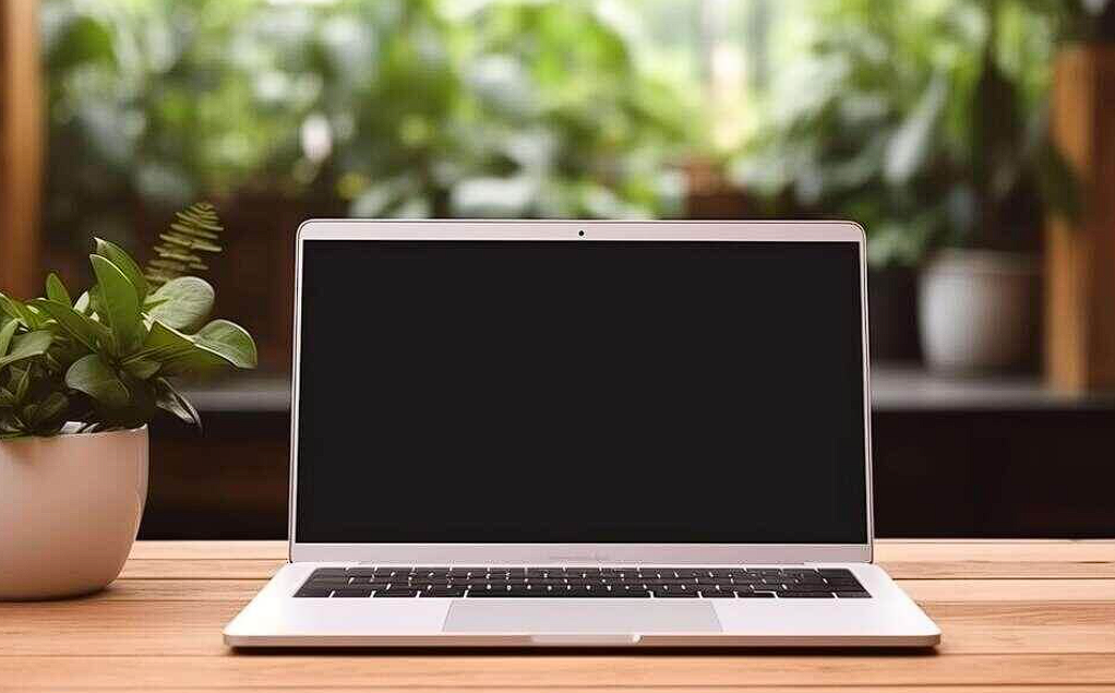 laptop and potted plant on wooden table
