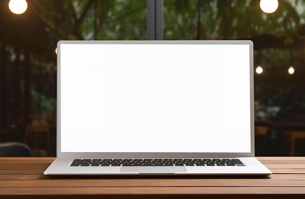 laptop on outdoor wooden table with blank screen