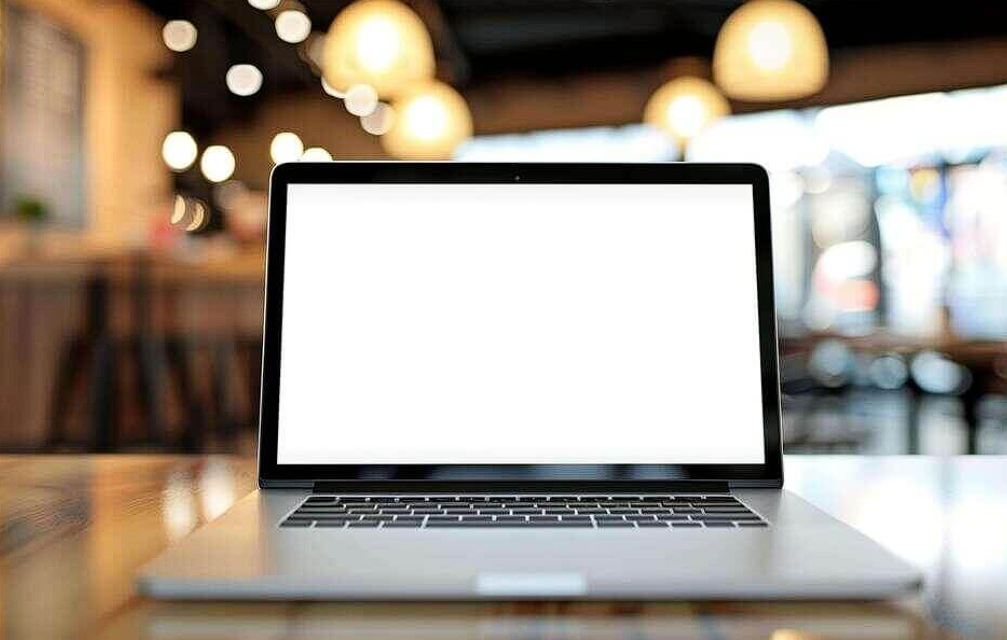 laptop on wooden table in restaurant or bar with blank screen