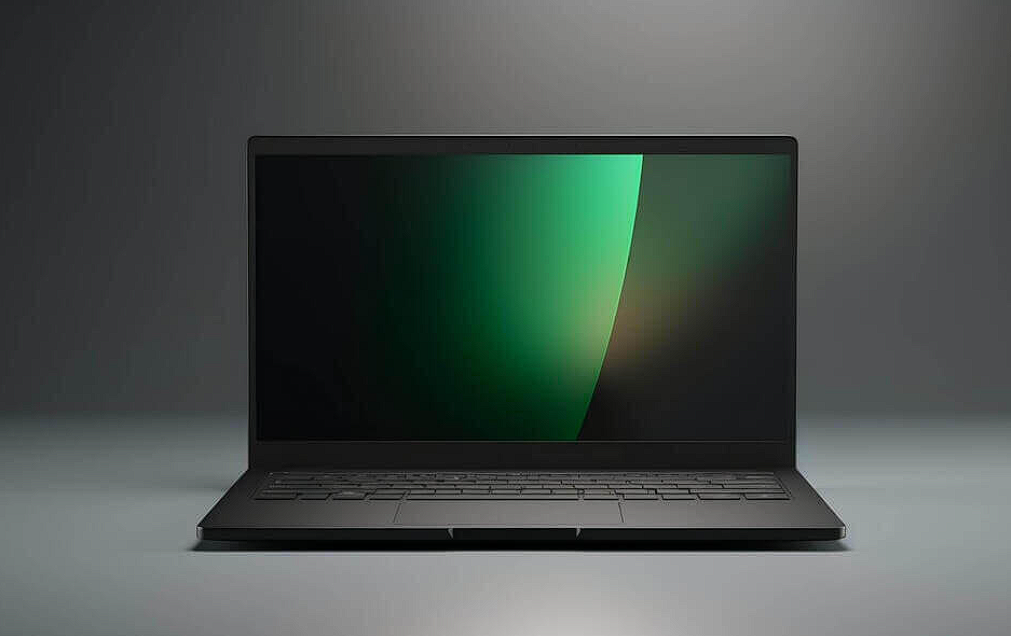 open laptop computer on green background