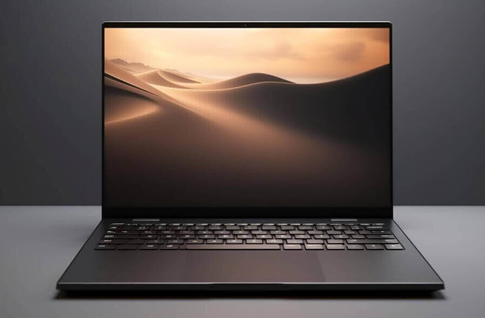 open laptop with desert scene on screen