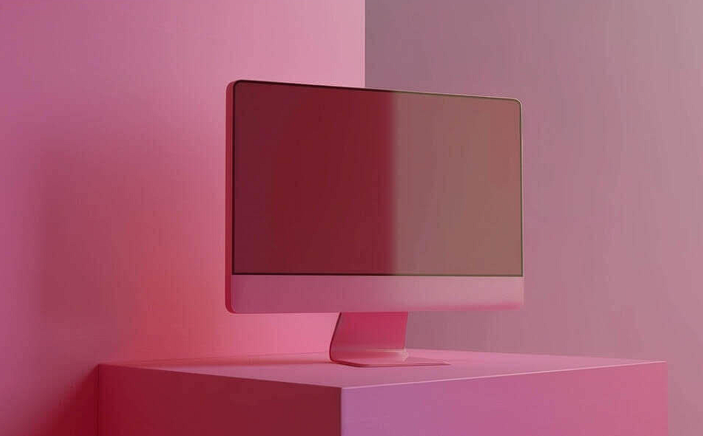 pink computer monitor on white cube