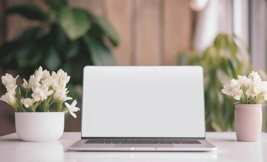 stylish workspace with white laptop and potted flowers