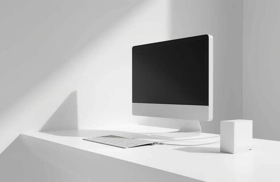white computer monitor, keyboard, and mouse on desk with empty space