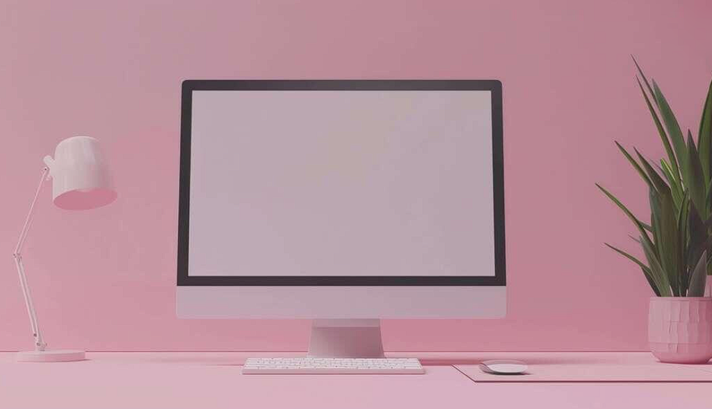 white computer monitor, keyboard, and mouse with pink background