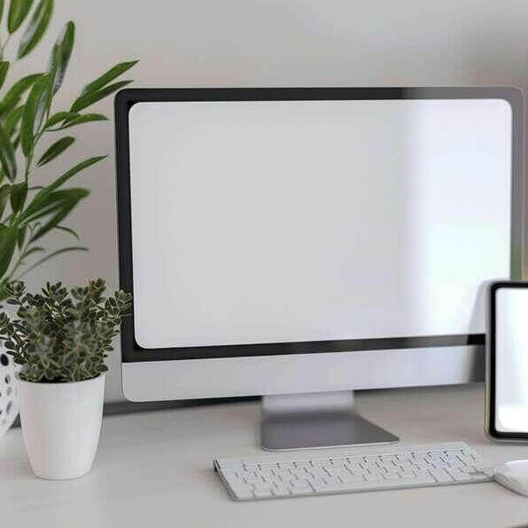 workspace with computer monitor, smartphones, and electronic keyboard