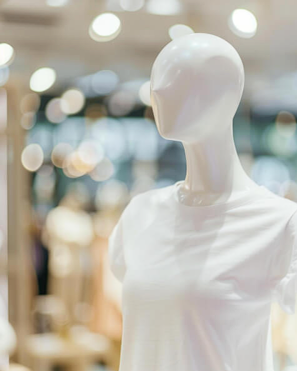 White Mannequin Displaying T-Shirt in a Retail Store
