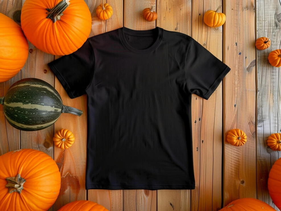 Black T-shirt with Pumpkins on Wooden Surface