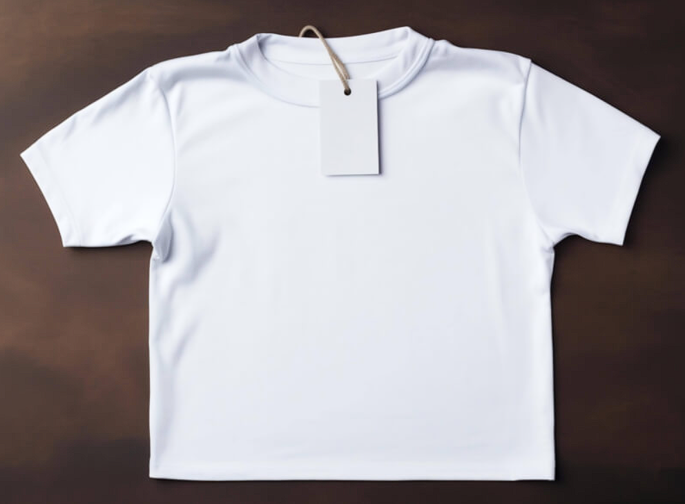 White T-Shirt with Tag on Brown Background
