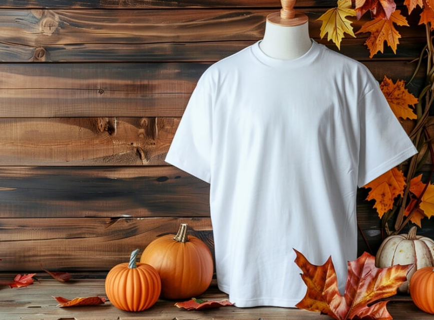 T-Shirt Mockups autumn themed display with t shirt and pumpkins