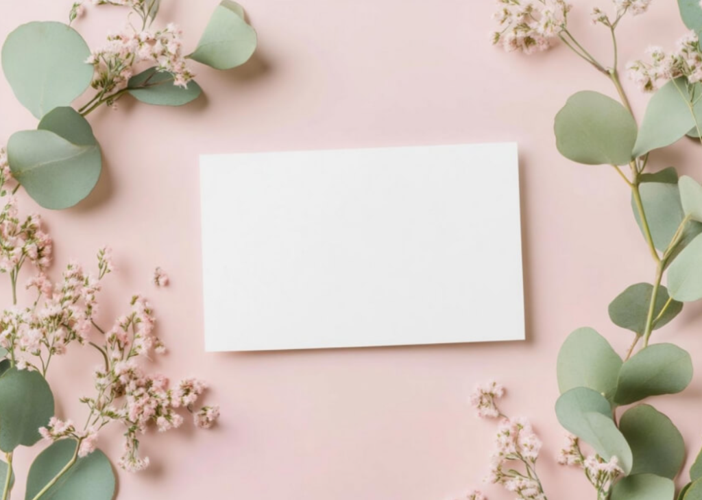 blank card surrounded by greenery and flowers