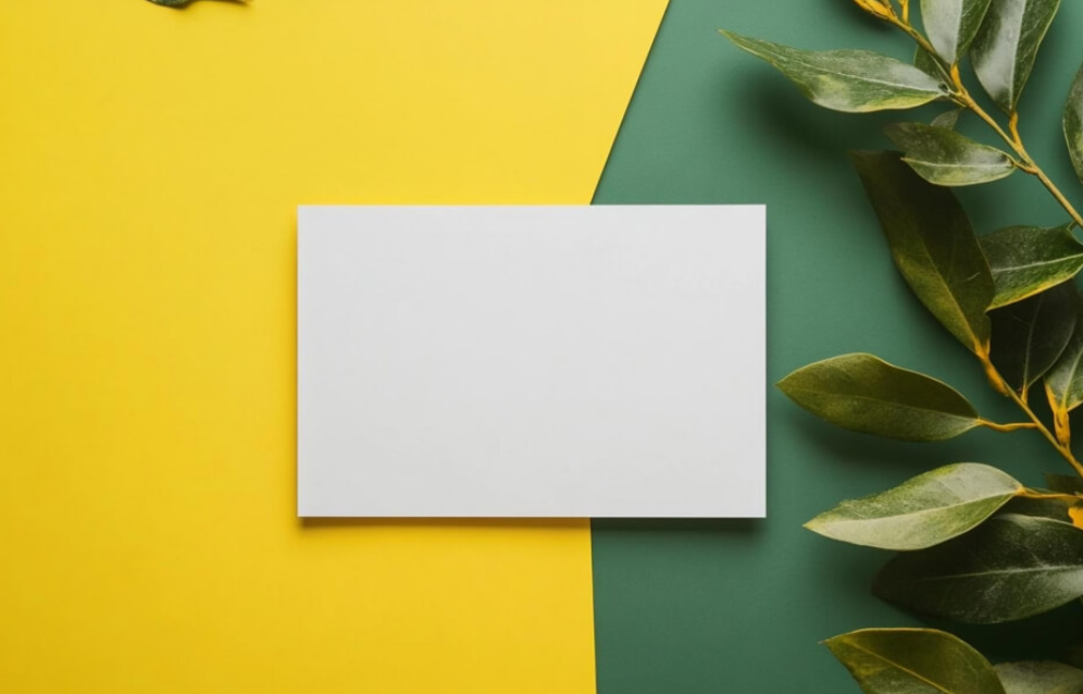 blank card on colorful background with leaves