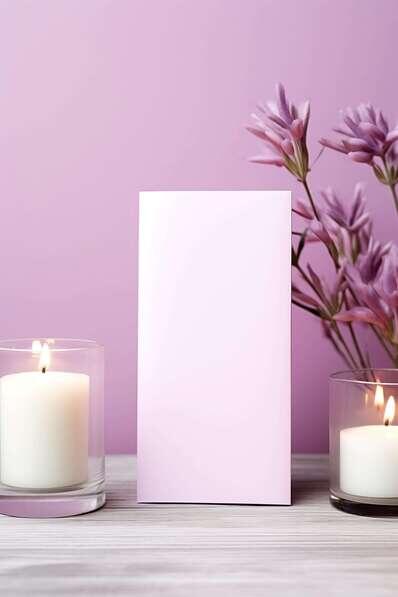 Flyer Mockups blank pink card and floral arrangement on wooden table