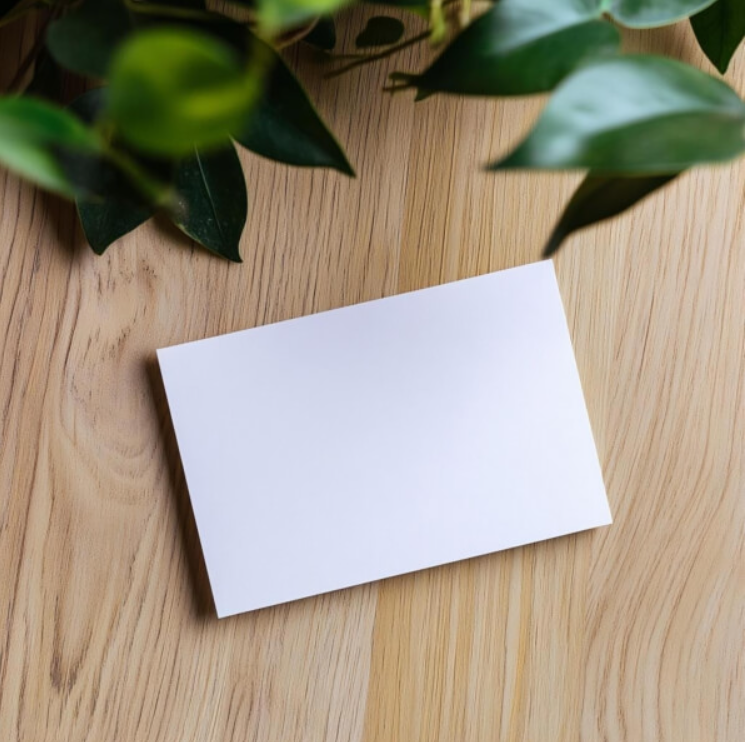 blank white card on wooden surface with green leaves
