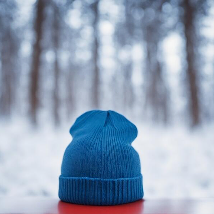 Beanie Mockups blue beanie hat on a red table with snowy trees