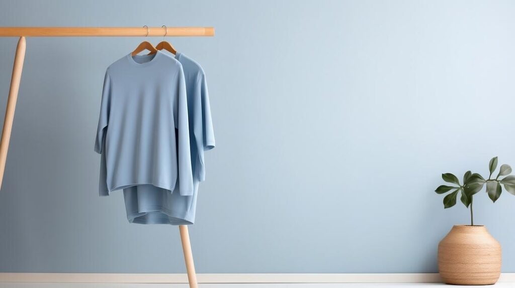 Long Sleeve Shirt Mockups blue shirts hanging on wooden rack