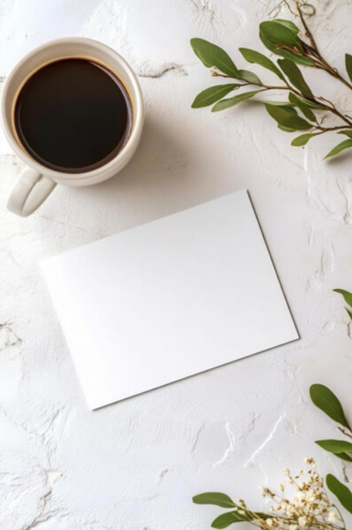 coffee and blank card with greenery