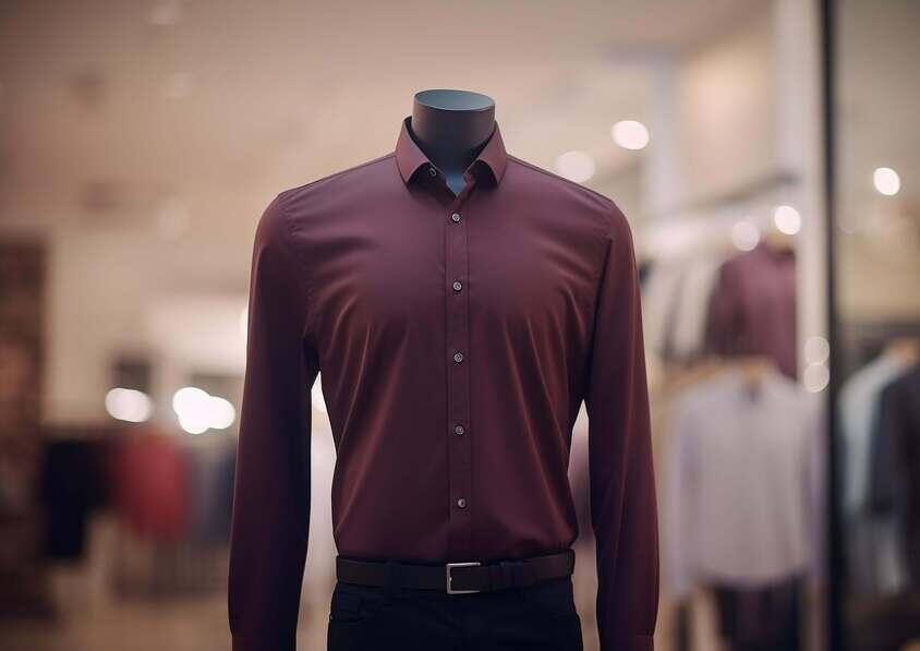Long Sleeve Shirt Mockups elegant maroon shirt mannequin in clothing store