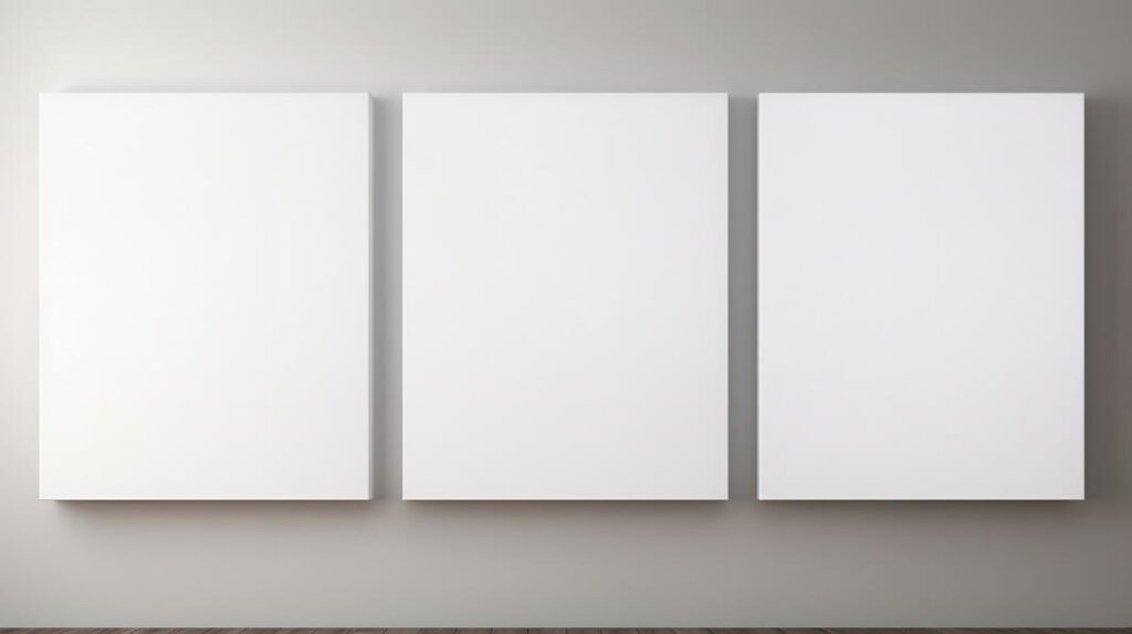 Poster Mockups empty canvases hanging on grey wall