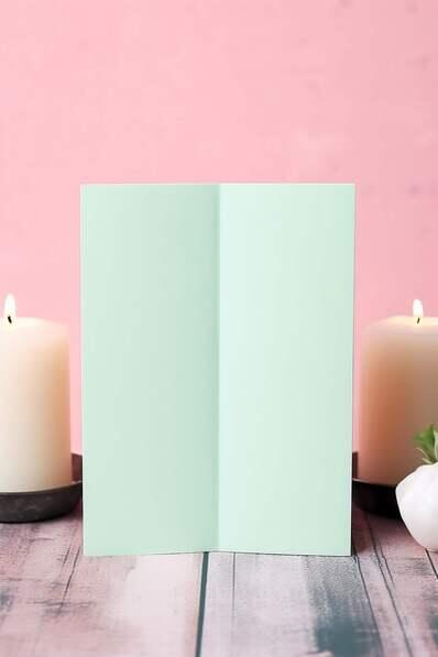 Flyer Mockups empty green notebook and candles on pink wooden table