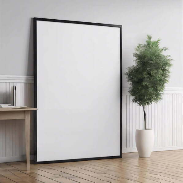 Poster Mockups empty room with blank frame and wooden tables