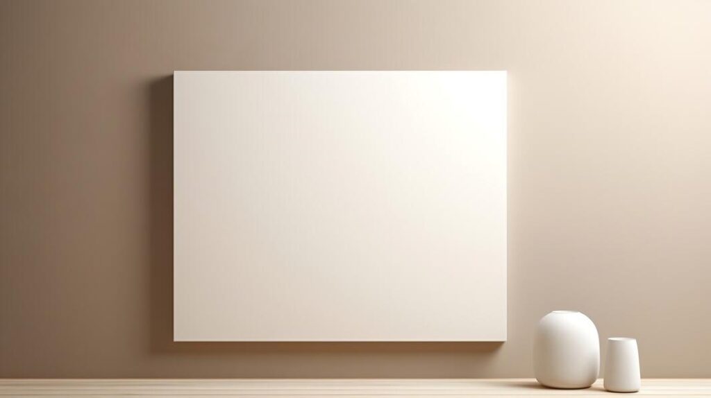 Poster Mockups empty wooden table with white canvas on wall