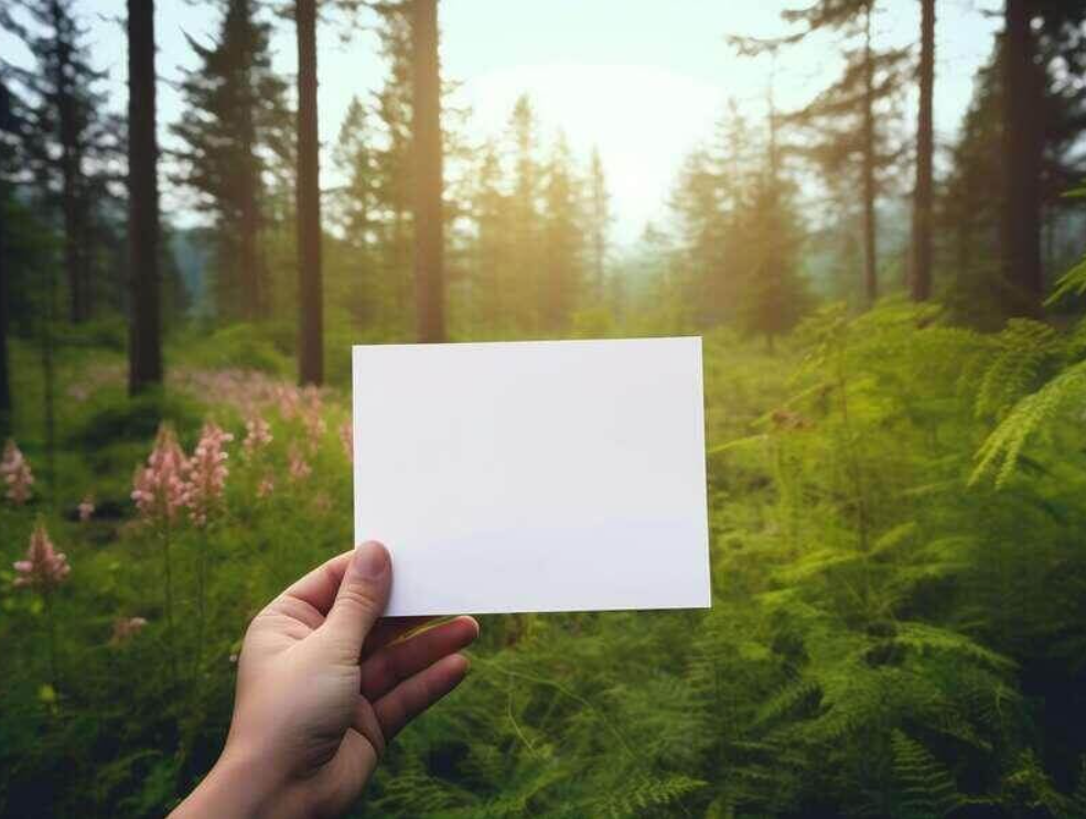 hand holding empty white sheet in forest