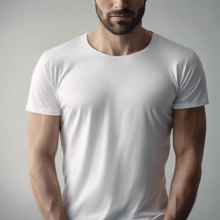 T-Shirt Mockups man in white t shirt against gray background