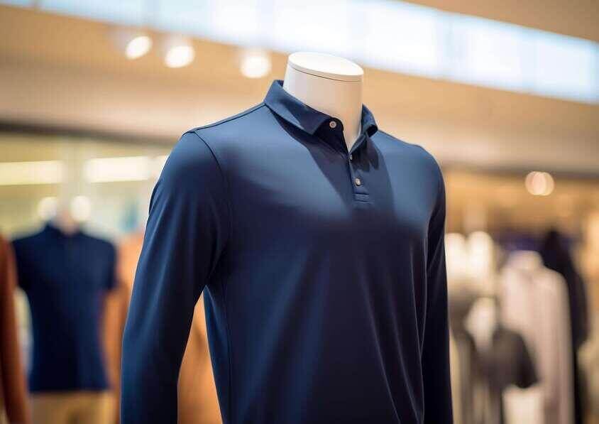 Long Sleeve Shirt Mockups mannequin displaying elegant blue polo shirt in clothing store