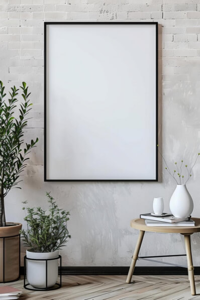 Poster Mockups minimalist interior with blank canvas and greenery