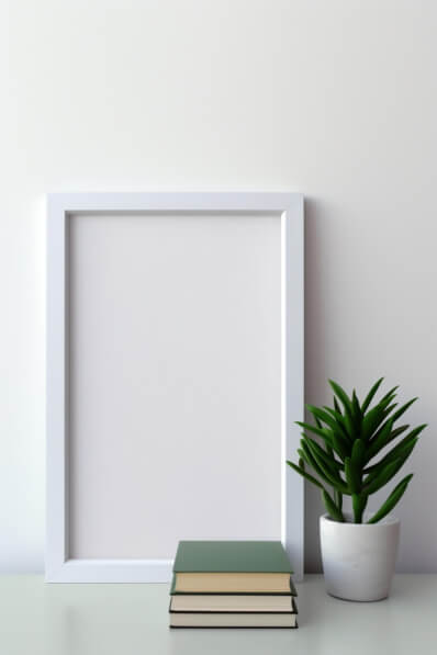 Poster Mockups minimalist interior with blank frame and books