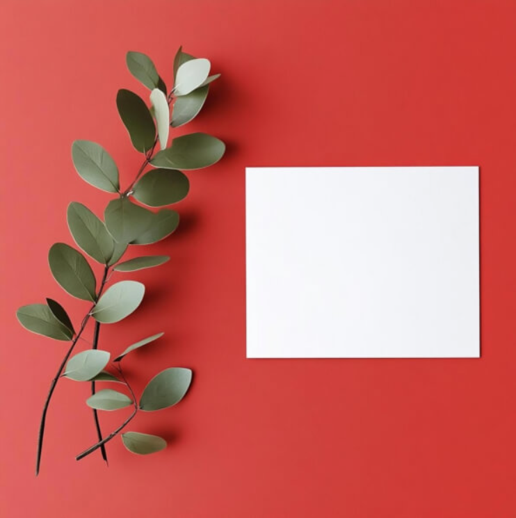 minimalist leaf composition on red background