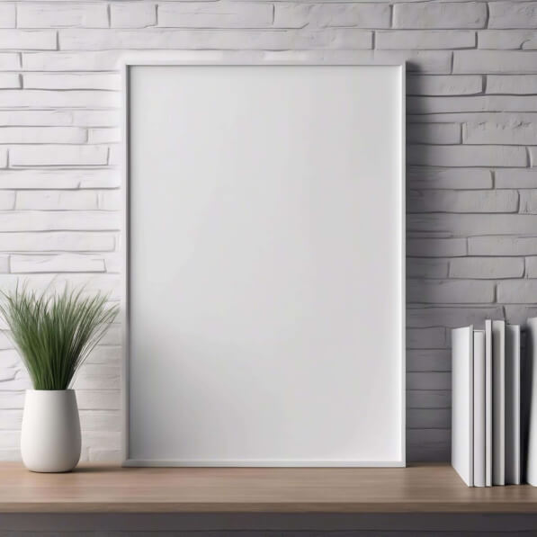Poster Mockups minimalistic interior design with white picture frame, books, and potted plants