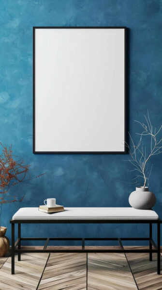 Poster Mockups modern interior with blue wall and bench
