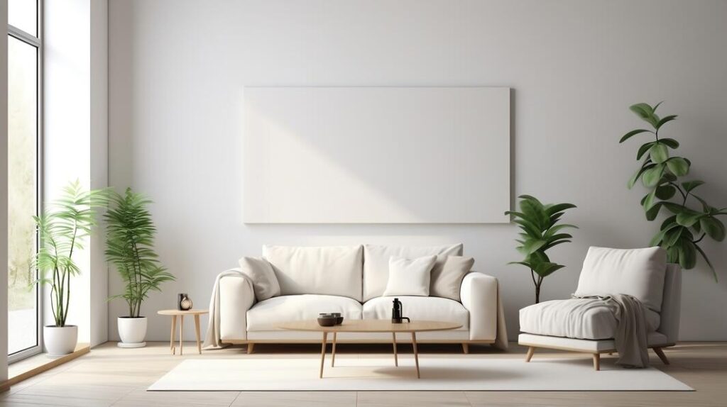 Poster Mockups modern living room with white furniture and wall mounted poster