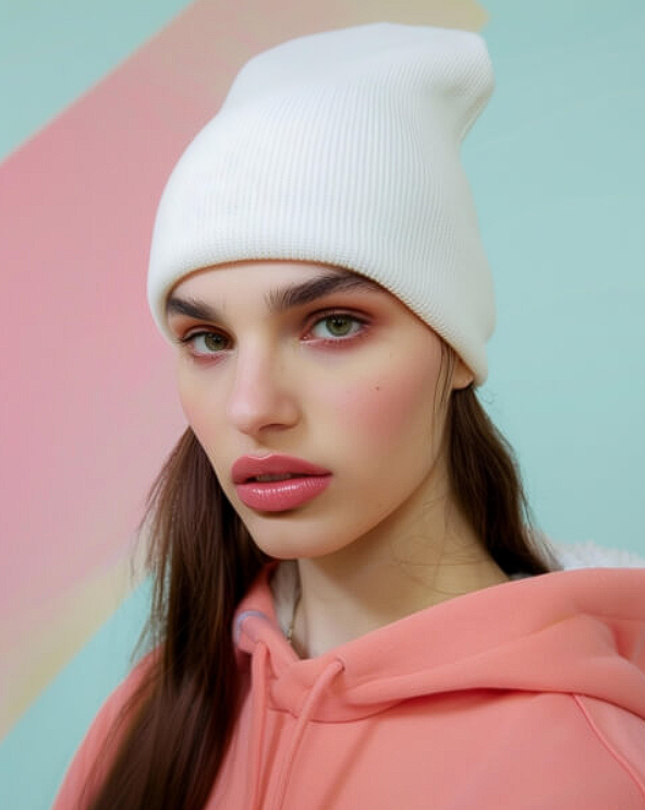 Beanie Mockups modern young woman in white beanie and pink hoodie