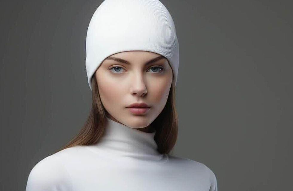Beanie Mockups portrait of a young woman in white clothing