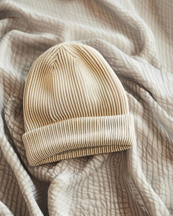 Beanie Mockups stylish beige knit beanie on textured fabric