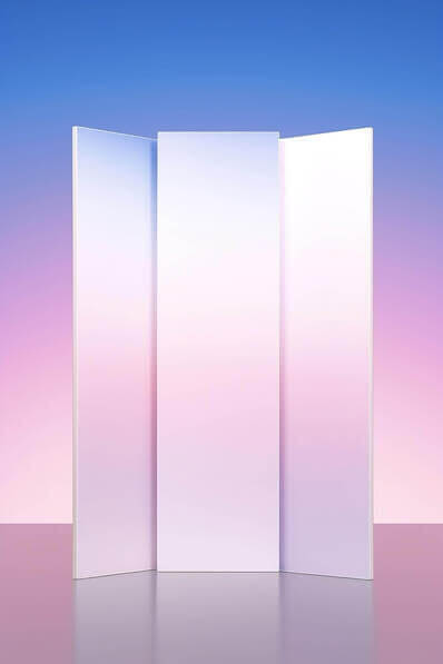 Flyer Mockups three panel exhibition display in pink, purple, and blue hues