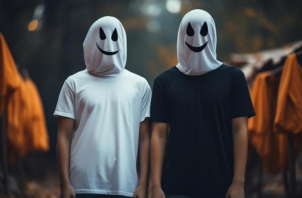 T-Shirt Mockups two people in ghost masks in wooded area