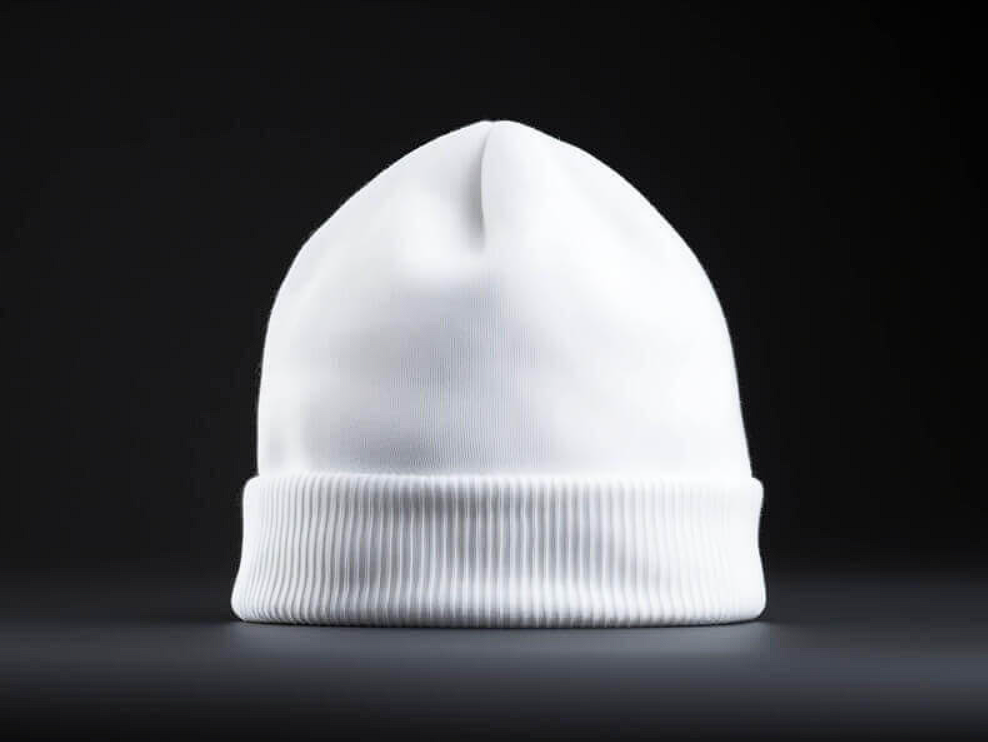 Beanie Mockups white knitted beanie hat on black background